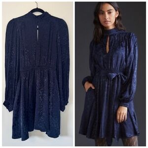 Anthropologie Jacquard Mini Dress Navy Blue Keyhole Neck Animal Print Sz M